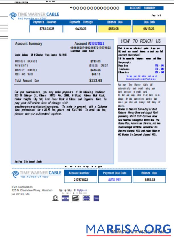 Realistic Time Warner Cabel utility business bill, page 1, SCR template